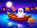 cheerful ghost paddles a boat under a full moon, surrounded by glowing pumpkins and a spooky, colorful landscape. Royalty Free Stock Photo