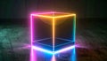 Neon Cube 3D Rendering - Glowing Geometric Shape, Abstract Background Royalty Free Stock Photo