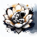 Astronaut Sitting Inside Lotus Flower Cosmic Space Art with American Flag Patch Illustration Royalty Free Stock Photo