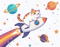 playful cat rides a rocket through space, surrounded by colorful planets and stars, creating a whimsical cosmic scene. Royalty Free Stock Photo