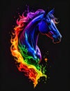 vibrant digital painting of a horse head with a flowing mane made of multicolored flames, set against a black background. Royalty Free Stock Photo