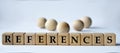 REFERENCES - word on a wooden block on a white background with wooden balls