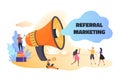 Referral marketing. Business announcement and advertising referral program concept, cartoon people promoting. Vector