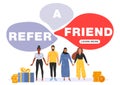 Referral marketing concept. Bubble speech with refer a friend word. People hold hands.