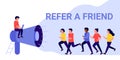 Referral marketing concept, megaphone shout Refer A Friend loyalty program. Group of people or customers run to blogger,