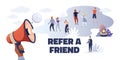 Referral marketing. Creative advertising concept refer friend loyalty program, cartoon promoting characters. Vector