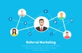 Referral marketing, network marketing, business partnership, referral program strategy. Flat cartoon design, vector
