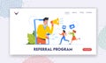 Referral Program Landing Page Template. Businessman Character with Loudspeaker Referring Friends and Partners