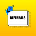 Referrals banner template. Marketing flyer with megaphone. Isometric and pixel style. Template for retail promotion and