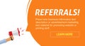 Referrals program marketing advertising web banner with loudspeaker information person announcement vector illustration