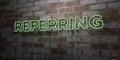REFERRING - Glowing Neon Sign on stonework wall - 3D rendered royalty free stock illustration
