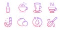 Refill water, Peas and Champagne bottle icons set. Coffee cup, Teacup and Doppio signs. Vector