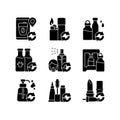 Refillable products black glyph icons set on white space