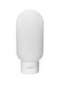 Refillable white cosmetic silicone tube of body wash or shampoo on white isolated background. Travel toiletry container