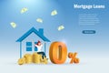 Refinance, home loan, house or real estate mortgage concept. Happy woman sit on gold coins with 0% interest rate. Promotion Royalty Free Stock Photo