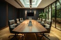 Refined boardroom setup rectangular black table, comfy brown upholstered chairs