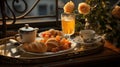 Refined Breakfast - Croissant, Coffee and Comfort in the Hotel Room. Breakfast with Croissant and Coffee, Perfect for Advertising