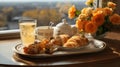 Refined Breakfast - Croissant, Coffee and Comfort in the Hotel Room. Breakfast with Croissant and Coffee, Perfect for Advertising