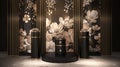 This refined display oozes luxury and sophistication with its sleek black podiums adorned with intricate gold floral