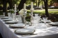 refined and elegant outdoor table setting with white linens, fine china, and shining silverware Royalty Free Stock Photo