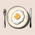 Flat vector illustration of a delicious fried egg on a plate with cutlery, beige background. Royalty Free Stock Photo