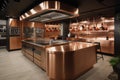 refined food preparation area with sleek equipment and copper accents