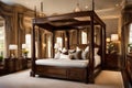 A refined master bedroom with a four-poster canopy bed, custom silk draperies,