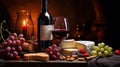 Refined still life with red wine, cheese and grapes on a wicker tray on a wooden table on a dark background. Royalty Free Stock Photo