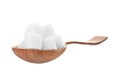 Refined sugar cubes in wooden spoon isolated on white Royalty Free Stock Photo