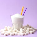 Refined sugar in a glass on a colored background. Diabetes concept, excess sugar