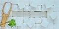 Refined sugar, wooden spoon and fresh mint leaves with copy space Royalty Free Stock Photo