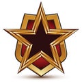 Refined vector golden star emblem placed on a shield, 3d pentagonal glossy design element, clear EPS 8.