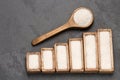 Refined white sugar powder and cubes. Statistical table of sale and consumption. Top view Royalty Free Stock Photo