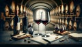 A refined wine tasting setting with two glasses of red wine, presented in a cellar or tasting room, alongside bottles Royalty Free Stock Photo