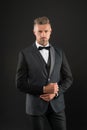 Refinement in every detail. Tailored suit. Fashion shop. Rent suit service. Elegant fashion outfit for event. Gentleman Royalty Free Stock Photo