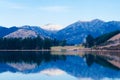 Reflaction of montains in Lake Taylor, Canterbury, South Island, New Zealand