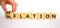 Reflation or inflation symbol. Concept word Reflation Inflation on beautiful wooden cubes. Beautiful white table white background