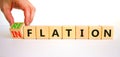 Reflation or inflation symbol. Concept word Reflation Inflation on beautiful wooden cubes. Beautiful white table white background