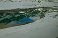 The reflected image of mountains in a lake