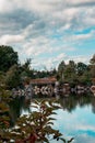 Frederik Meijer Gardens - Grand Rapids, MI, USA - September 8th 2019: Reflecting the bridge and sky off the lake at the japanese