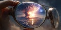 Nuclear explosion reflected in eyeglasses, witnessing global catastrophe Royalty Free Stock Photo