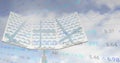 Reflecting hexagonal mirror array tilting at open sky, with overlaid financial data and trend graph Royalty Free Stock Photo