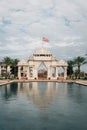 Reflecting pool and gate at the BAPS Shri Swaminarayan Mandir Hindu temple, in Houston, Texas