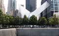 Reflecting pool and top of September 11 memorial meseum and tall buildings in the background Royalty Free Stock Photo