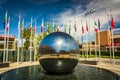 Reflecting sphere and flags at Chapman University Royalty Free Stock Photo