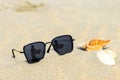 Reflecting sunglasses on a sandy beach in the summer, and the blue sky with a girl is reflected in glasses with seashells. Royalty Free Stock Photo