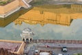 Reflection of Amber fort and palace in Maotha Lake. Jaipur. Rajasthan. India
