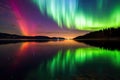 reflection of an aurora borealis in calm lake water