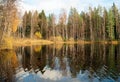 Reflection of the autumn shore in the water of the forest lake. Autumn landscape Royalty Free Stock Photo
