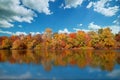 Reflection of a beautiful autumn forest in the river, against the background of a clear blue sky without clouds Royalty Free Stock Photo